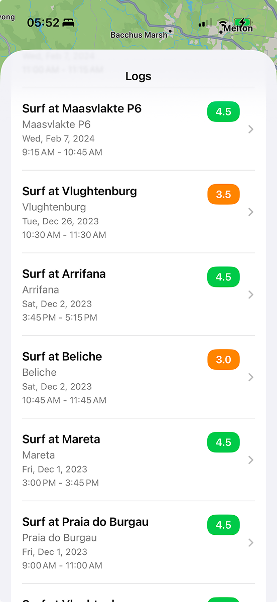 Surfnerd app surf session logs showing tracked sessions and stats